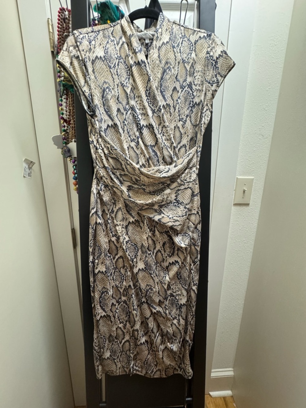 Snake-Print Draped Midi Dress in Beige and Black
